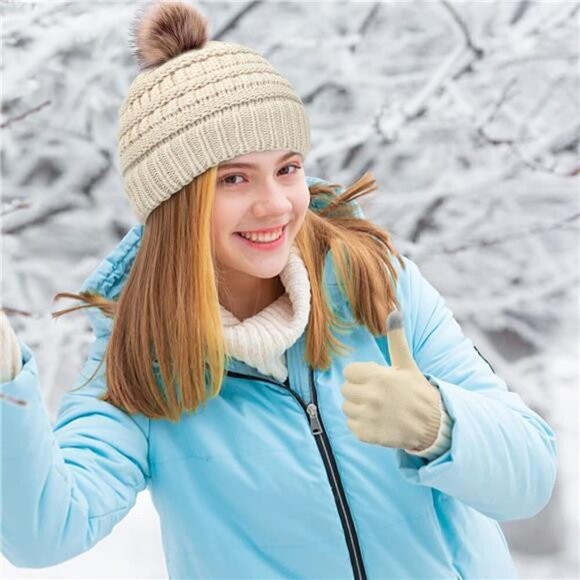 Winter Hat Scarf Touch Screen Gloves Set 3 Pcs Warm Knit Fleece Lined Beanie NEW - Picture 4 of 5